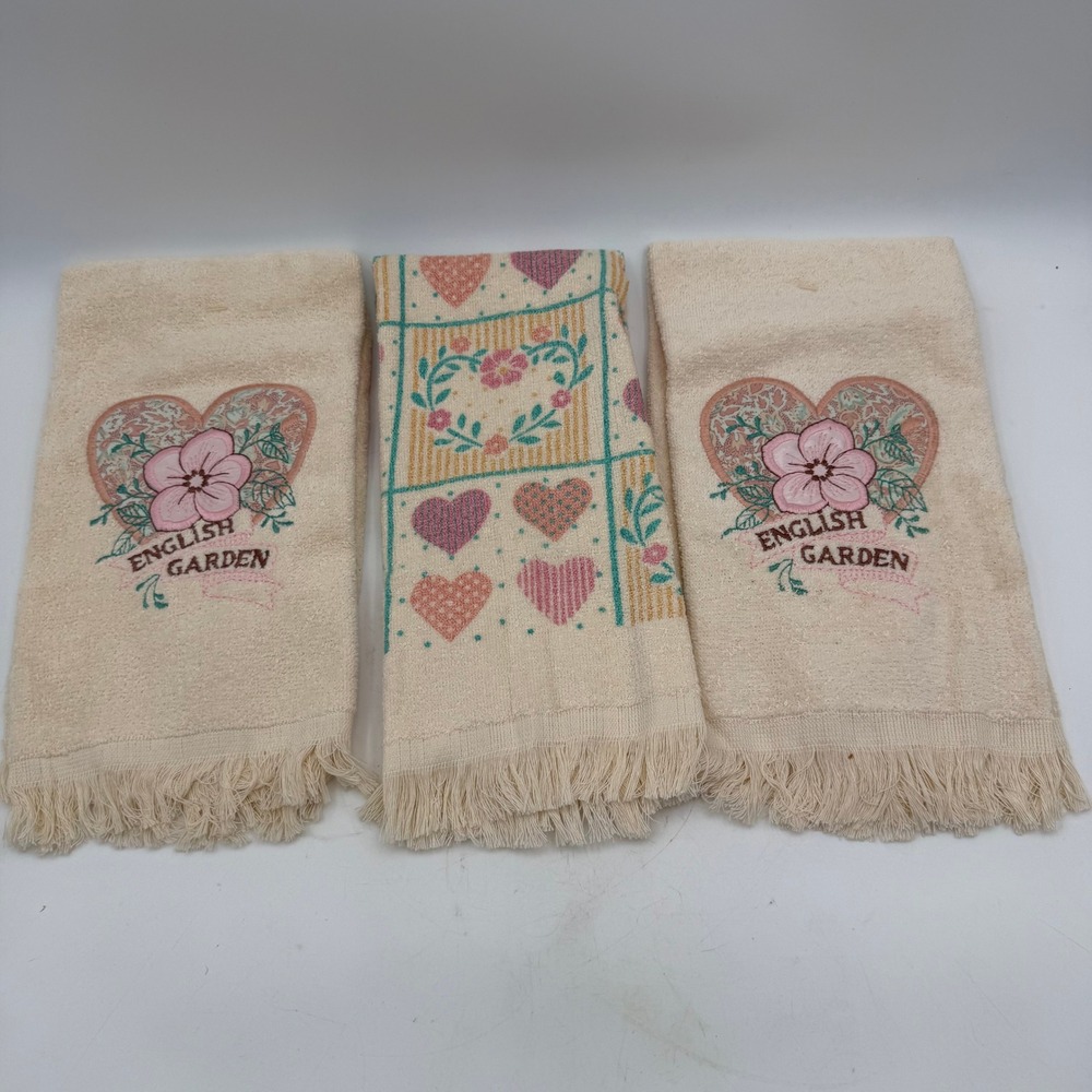 Vintage Cannon English Garden Hand Towel Set 3pc Hearts Floral Fringe Cream USA